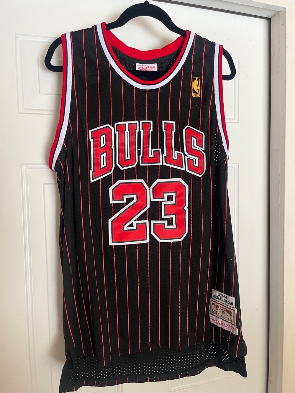 Mitchell & Ness Chicago Bulls #23 Black with Red Pinstripes Jersey